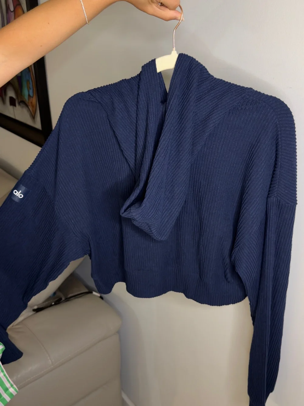 ALO Yoga Ribbed Navy Blue Cropped Hoodie